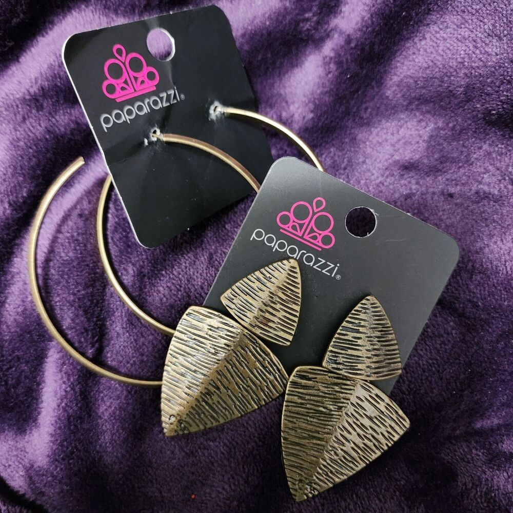 Lot Of 2 Brass PAPARAZZI Earrings-Primal Factors and Large Hoop Post Earrings